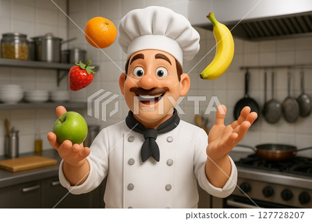 Animated chef juggling fruits including banana, apple, strawberry, and orange in a kitchen setting. concept of skillful cooking, culinary fun, playful food art 127728207
