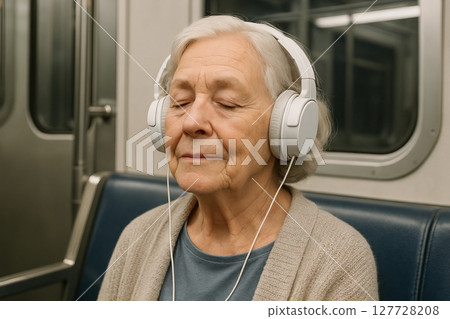 Elderly caucasian woman listening to music with headphones on a train. concept of music relaxation, personal enjoyment, peaceful commute. 127728208