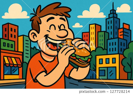 Young man enjoying a sandwich in colorful urban setting. concept of city snack, lunchtime fun, happy meal outdoors, urban lifestyle 127728214