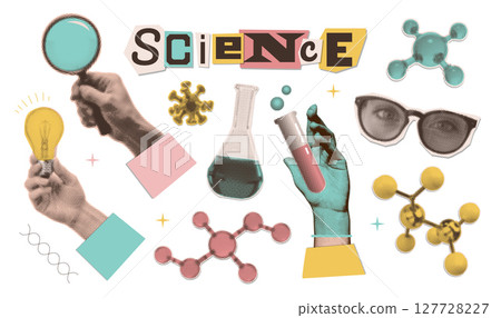 Biotechnology vintage monochrome halftone collage design elements set isolated on transparent background. Scientist hands holding chemistry glassware, test tubes, loupe, lightbulb. Vector 127728227