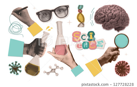 Set with halftone collage stickers with Science lab conception, retro paper cutouts. Collection with hands holding flask, loupe, writing report, making research, studying in laboratory. Vector Set with halftone collage stickers with Science lab conception, retro paper cutouts. Collection with hands holding flask, loupe, writing report, making research, studying in laboratory. Vector 127728228