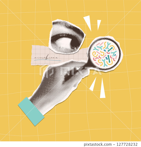 Halftone collage with microbiome and gut health research. Hand folding Magnifying glass showing beneficial bacteria. Ideal for health and wellness topics, focusing on digestion, probiotics. Vector Halftone collage with microbiome and gut health research. Hand folding Magnifying glass showing beneficial bacteria. Ideal for health and wellness topics, focusing on digestion, probiotics. Vector 127728232