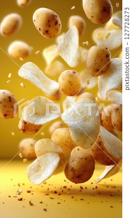 Crispy potato chips float against a vibrant golden backdrop, offering a delightful snack experience 127728273