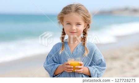 Bright-eyed girl with braided hair holds a glass of orange juice against a vibrant blue sky, capturing a moment of pure happiness 127728275
