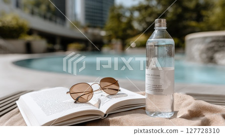 Sunglasses, an open book, and a water bottle sit on poolside sunbeds, inviting relaxation under natural light 127728310