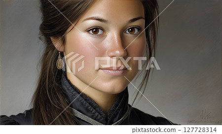 Young woman with long black hair and brown eyes gazes softly, her expression calm and inviting, captured in a high-resolution portrait 127728314