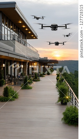 Rooftop terrace offers sunset views while a drone prepares for delivery amid a stunning architectural design and cozy interior greenery Rooftop terrace offers sunset views while a drone prepares for delivery amid a stunning architectural design and cozy interior greenery 127728315
