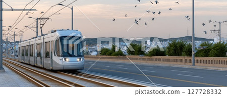 A light rail train journeys along an urban road, framed by mountains and sea, while flowers float in the warm sunset light 127728332