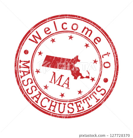 Welcome to Massachusetts. A worn stamp with a silhouette of the state and an abbreviated designation. Print impression, a template for creative design Welcome to Massachusetts. A worn stamp with a silhouette of the state and an abbreviated designation. Print impression, a template for creative design 127728370