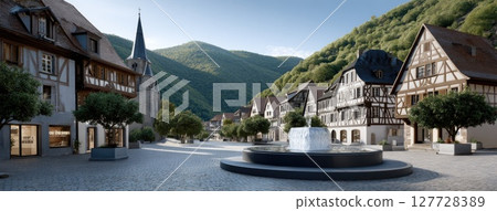 Cobblestone streets wind through a quaint village with half-timbered houses, colorful flowers, and a peaceful stone fountain 127728389