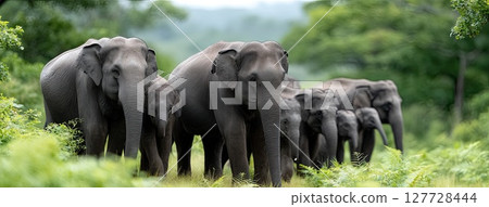 Four Indian elephants roam through a vibrant green grass field, surrounded by thick forests, showcasing their natural habitat 127728444