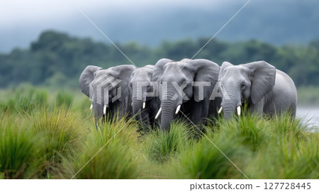 Four Indian elephants roam through a vibrant green grass field, surrounded by thick forests, showcasing their natural habitat 127728445