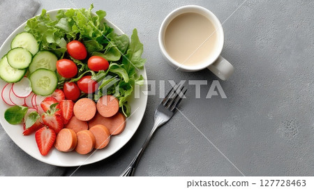 Sausage, avocado, and boiled eggs arranged on a plate with fresh salad against a minimalistic grey concrete backdrop Sausage, avocado, and boiled eggs arranged on a plate with fresh salad against a minimalistic grey concrete backdrop 127728463