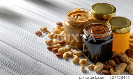 Different types of peanut butter are surrounded by nuts on a light wooden table, highlighted by soft, sunny light and pastel hues Different types of peanut butter are surrounded by nuts on a light wooden table, highlighted by soft, sunny light and pastel hues 127728465