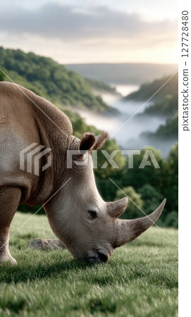 An Indian one horn rhinoceros explores a verdant grassland, surrounded by tall wild grass and shrouded in gentle morning mist 127728480