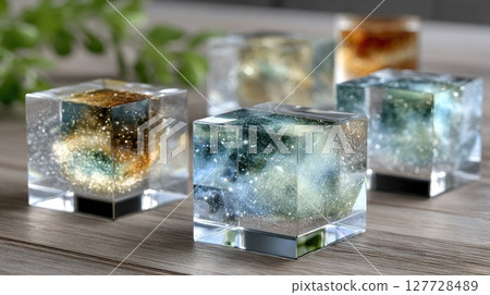 Translucent glass cubes filled with flames and cosmic dust shimmer against a dark backdrop, showcasing intricate details and beauty 127728489