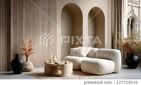 Soft pastel tones create a cozy modern living room with a cream sofa, round coffee table, and natural light enhancing the decor 127728510