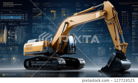 A yellow excavator's intricate details stand out against construction blueprints, showcasing precision craftsmanship 127728525