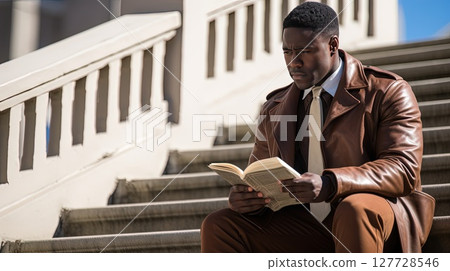African American university student repeats lectures while sitting on the stairs. Young man while studying. Educational knowledge is the key to success and good work in the future African American university student repeats lectures while sitting on the stairs. Young man while studying. Educational knowledge is the key to success and good work in the future 127728546