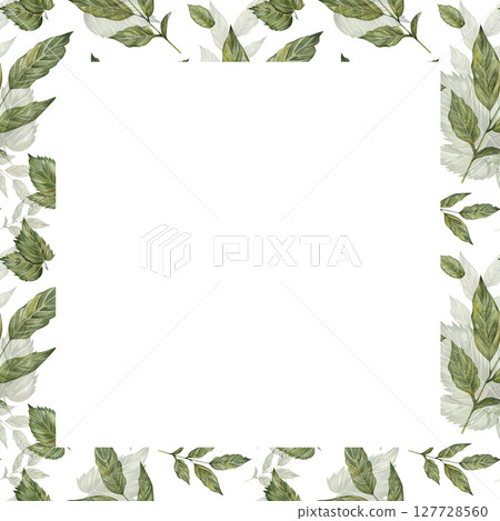 Square watercolor frame with green leaves. Botanical illustration template for text, white background, natural motif, grass. 127728560