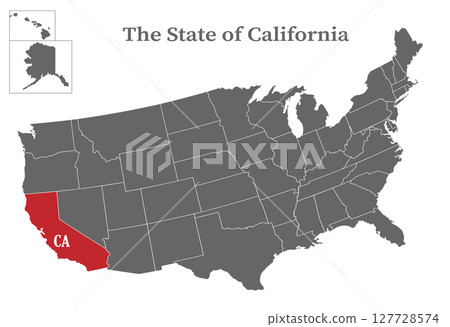 The state of California on the map of the United States of America is highlighted in red. States of the USA with borders on a general map The state of California on the map of the United States of America is highlighted in red. States of the USA with borders on a general map 127728574