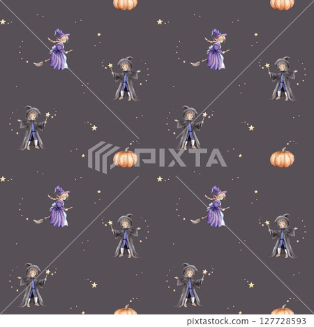 Seamless pattern for Halloween with wizard in a hat and cloak with a magic wand with stars, fairy or witch on a broomstick, pumpkin and stars. Hand drawn fantasy repeat illustrations for kids' design 127728593