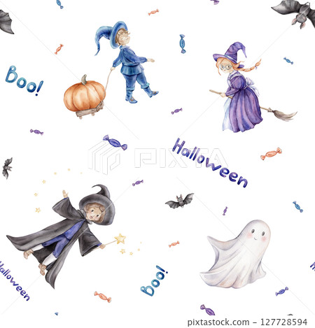 Seamless pattern Trick or treat for Halloween. Repeat background with wizard, fairy or witch on a broomstick, ghost and pumpkin. Hand drawn fantasy illustrations for kids' design 127728594