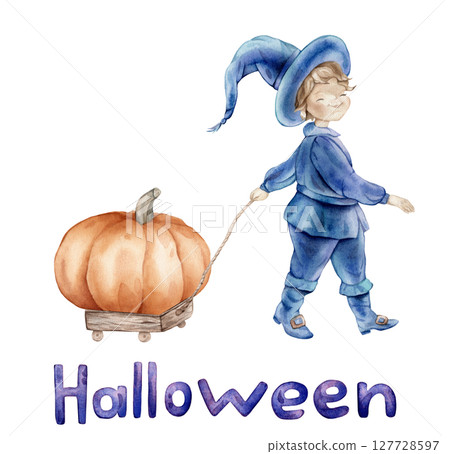Whimsical wizard in a blue suit and hat with a wooden cart with Pumpkin and hand lettering Halloween. Hand drawn fantasy illustration of a magical character, charming and enchanting. Whimsical wizard in a blue suit and hat with a wooden cart with Pumpkin and hand lettering Halloween. Hand drawn fantasy illustration of a magical character, charming and enchanting. 127728597