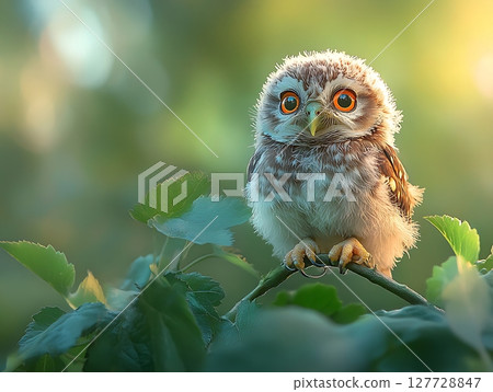 Cute baby owl perched on a branch amidst greenery 127728847
