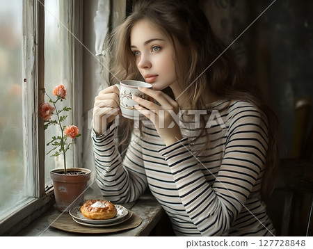 Woman sipping tea by the window in a cozy setting 127728848