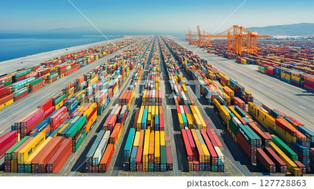 Aerial View of Shipping Port with Stacked Cargo Containers 127728863