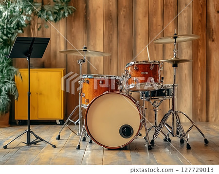 Acoustic Drum Set in a Cozy Wooden Practice Room 127729013