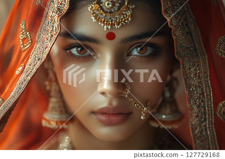 Close-Up of Indian Bride with Mesmerizing Eyes and Jewelry 127729168