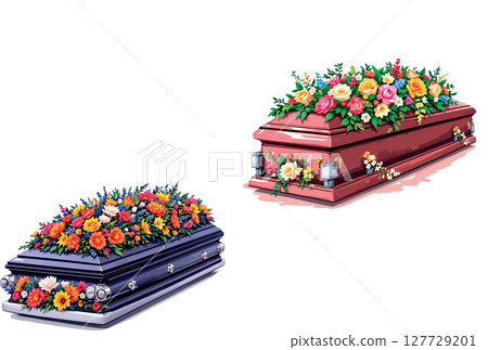 Vsai two closed caskets covered with colorful flower arrangements on white background 127729201