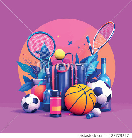 Vsai sports equipment composition celebrating active lifestyle with vibrant colors 127729267