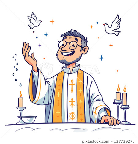 Vsai catholic priest celebrating mass with doves and candles symbolizing peace and spirituality Vsai catholic priest celebrating mass with doves and candles symbolizing peace and spirituality 127729273