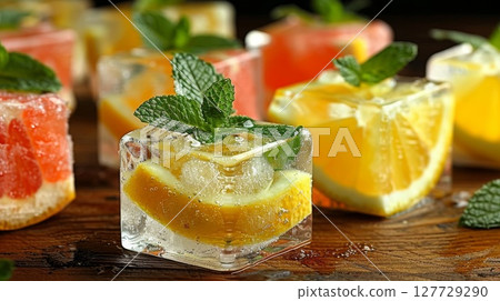 Macro shot of ice cubes with frozen citrus slices and mint leaves, dramatic light and texture, abstract refreshing background 127729290