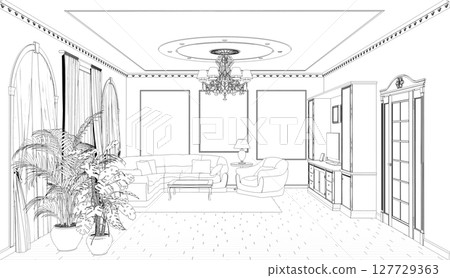 interior contour visualization, 3D illustration, sketch, outline interior contour visualization, 3D illustration, sketch, outline 127729363
