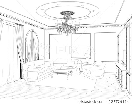 interior contour visualization, 3D illustration, sketch, outline interior contour visualization, 3D illustration, sketch, outline 127729364