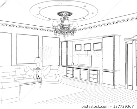 interior contour visualization, 3D illustration, sketch, outline 127729367