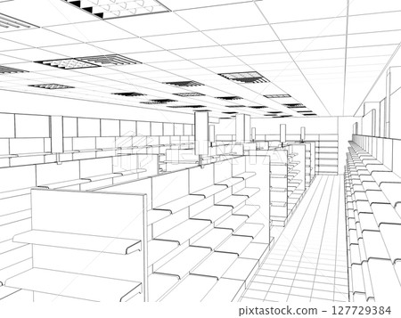 shopping mall, contour visualization, 3D illustration, sketch, outline 127729384