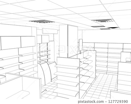shopping mall, contour visualization, 3D illustration, sketch, outline shopping mall, contour visualization, 3D illustration, sketch, outline 127729390