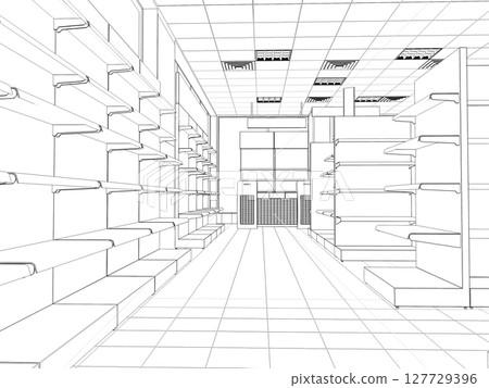shopping mall, contour visualization, 3D illustration, sketch, outline shopping mall, contour visualization, 3D illustration, sketch, outline 127729396