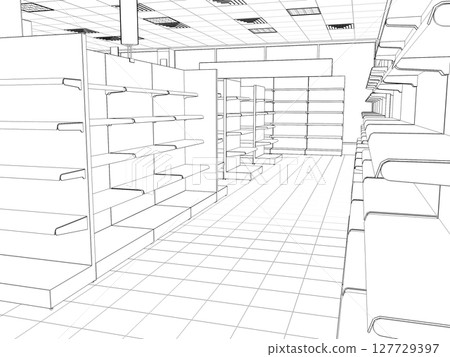 shopping mall, contour visualization, 3D illustration, sketch, outline 127729397