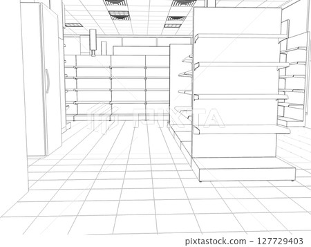 shopping mall, contour visualization, 3D illustration, sketch, outline shopping mall, contour visualization, 3D illustration, sketch, outline 127729403