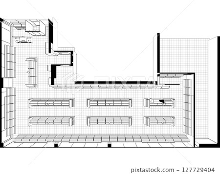 shopping mall, contour visualization, 3D illustration, sketch, outline shopping mall, contour visualization, 3D illustration, sketch, outline 127729404