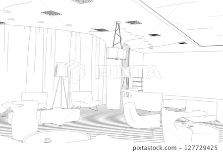 shopping mall, contour visualization, 3D illustration, sketch, outline 127729425
