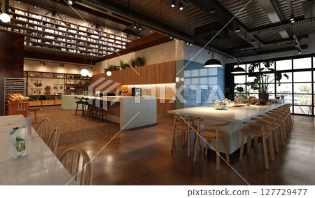 restaurant, interior visualization, 3D illustration restaurant, interior visualization, 3D illustration 127729477