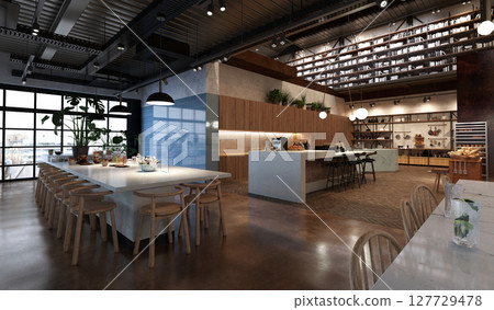 restaurant, interior visualization, 3D illustration 127729478