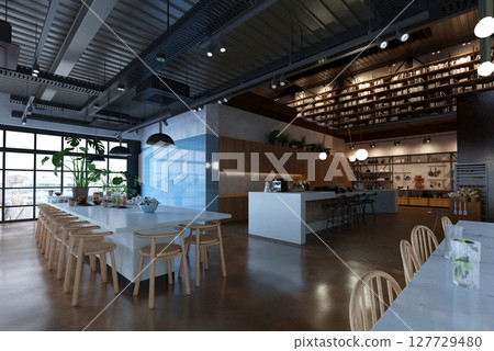 restaurant, interior visualization, 3D illustration 127729480